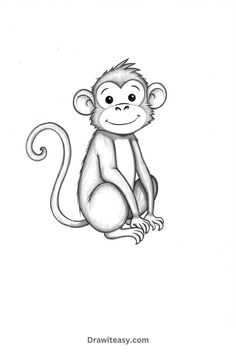 A delightful black-and-white sketch of a monkey with a long, curly tail sitting and smiling. Cute Monkey Drawing, Monkey Drawings, Fun Doodles, Monkey Drawing, Aesthetic Styles, Drawing Kids, Drawing Aesthetic, Monkey Art, Black And White Sketches