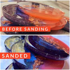 three different types of colored sand on top of each other with the words before and after sanding