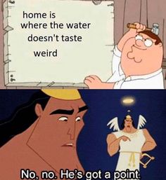 an image of a cartoon character and the caption that says, home is where the water doesn't taste weird no, he's got a point