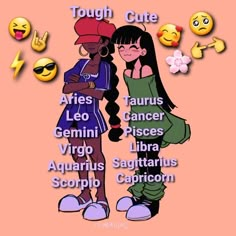 two girls standing next to each other in front of emoticions