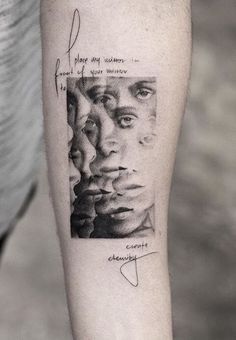 a man's arm with three different faces on it