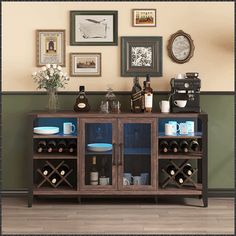 a wooden cabinet with glass doors and wine bottles