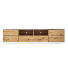 the sideboard is made from wood and has two drawers on each side, one with three