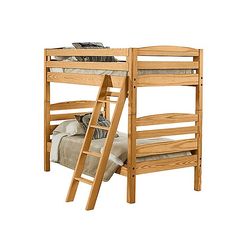 a wooden bunk bed with a ladder and mattress on the bottom level, against a white background