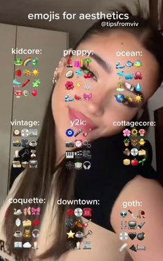 a woman with lots of emoticions on her face and some words above her