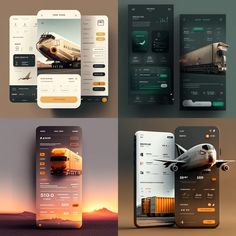 four different web pages with an airplane, bus and truck on it's side