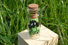 a small glass bottle filled with stuff sitting on top of a wooden block in the grass