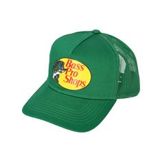 The original air-conditioned cap for the outdoor adventurer! This Bass Pro Shops Mesh Trucker Cap will keep you cool and comfortable whether you're fishing, boating, mowing the lawn, or just relaxing! Made from 100% polyester with a mesh back for breathability, this fishing hat features a screen-printed Bass Pro Shops logo on the front and is a sharp-looking addition to your hat collection. Imported.   100% polyester  Cool and comfortable design   Mesh back for better breathability  Screen-print Bass Pro Shop Hat Orange, Green Trucker Hat With Flat Bill For Outdoor, Green Trucker Hat For Outdoor Activities, Green Flat Bill Trucker Hat For Outdoor, Green Trucker Hat For Outdoor, Retro Green Snapback Hat For Outdoor, Green Trucker Snapback Hat For Outdoor, Retro Green Baseball Cap For Outdoor, Green Fishing Cap