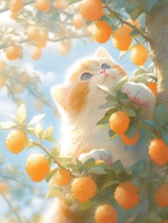 a painting of a cat sitting in a tree with oranges on it's branches