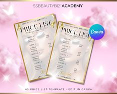 the price list is displayed in front of a pink background with gold trimmings