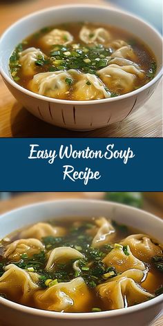 two bowls of wonton soup with spinach and noodles