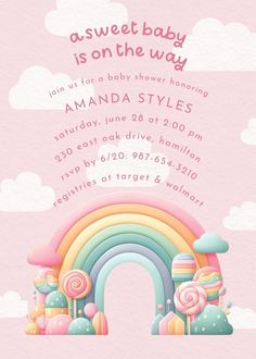 a baby shower is on the way with an image of a rainbow in the sky