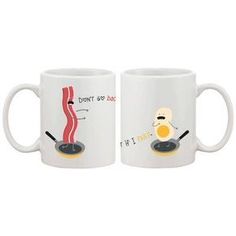 two coffee mugs with bacon and eggs on them, one has an egg frying pan