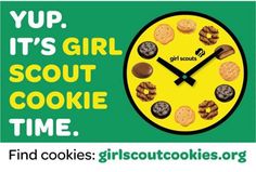 a clock that has cookies on it with the words girl scout time written in front of it