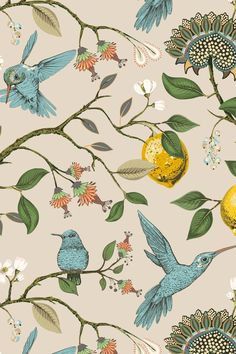 a wallpaper with birds and flowers on the branches, one bird is flying towards an orange