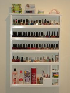 Highly functional, low-profile, wall hanging nail polish AND accessories organizor. Nail Polish Display Ideas Shelves, Wall Nail Polish Rack, Nail Polish Shelf Wall Shelves, Homemade Nail Polish Wall Rack, Nail Polish Wall Rack