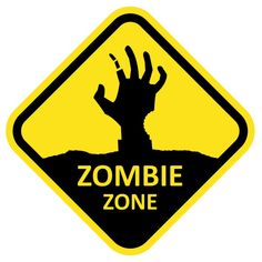 a yellow and black zombie zone sign on a white background