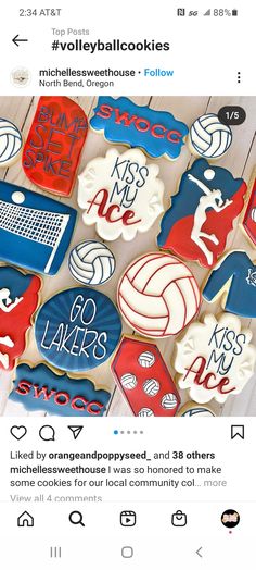 an instagram page with cookies decorated to look like sports related items and words on them