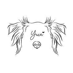 a black and white drawing of a dog's face with the word yusa written on it