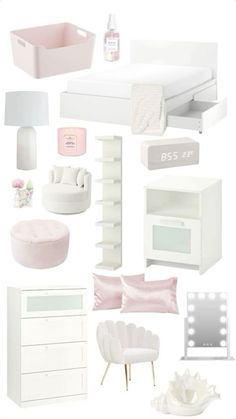 a collage of white furniture and accessories including a bed, dresser, chair, mirror, table, lamp, vase, bottle