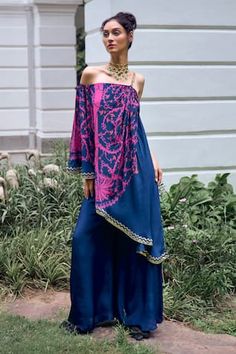 Navy blue draped top with ethnic motif print and hand cut temple pattern lace detail on hem. Paired with matching flared pant. - Aza Fashions Sanya Malhotra, Blue Drapes, Pant For Women, Jacqueline Fernandez, Draped Top, Modern Bride, Top Pattern, Aza Fashion, Shoulder Sleeve