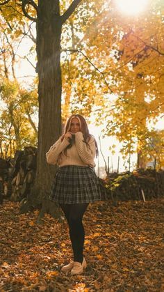 Plaid Skirt Plus Size Outfit, Winter Vacation Outfits Plus Size, Midsize Plaid Skirt Outfit, Pumpkin Patch Plus Size Outfit, Cottage Core Midsize, Big Girl Fall Outfits, Plus Size Boho Fall Fashion, Fall Photoshoot Plus Size, Fall Senior Pictures Outfits Plus Size