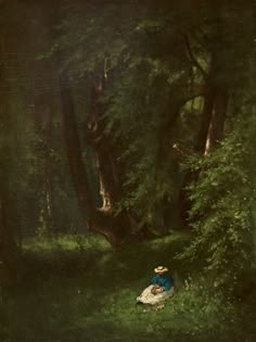 a painting of a woman sitting in the middle of a forest with green grass and trees