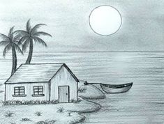 a pencil drawing of a house on the beach with a boat in front of it