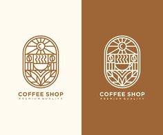 the coffee shop logo is shown in two different colors and font, it has a stylized design