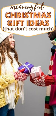 a man and woman holding wrapped presents with the words merry christmas gift ideas that don't cost much