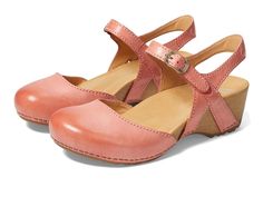 Dansko Tiffani - Women's Shoes : Coral Milled Burnished : Dansko Tiffani is the perfect heeled sandal to get you ready for spring. The classic fashion of a closed toe sandal takes on a subtle heel for true wear-anywhere style. Easy to dress up and comfortable enough to last all day, Tiffani is a warm-weather essential. Crafted from burnished leather upper and breathable leather lining, it showcases stapled construction. Suede socklining for a soft underfoot experience. Cushioned energy-return PU Casual Slip-on Heels With Heel Strap, Casual Heels With Heel Strap And Slip-on Design, Casual Low Heel Sandals For Work, Casual Workwear Sandals With Low Heel, Casual Sandals With Heel Loop And Almond Toe, Dansko Sandals, Fashion Shoes Sandals, Perfect Heels, Closed Toe Sandals