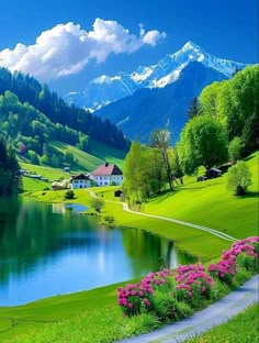 a lake surrounded by lush green hills and flowers