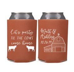 two brown can coolers with farm animals on them and the words, let's party till cows come home