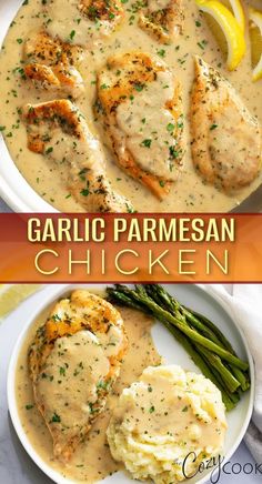 garlic parmesan chicken with mashed potatoes and asparagus on a white plate