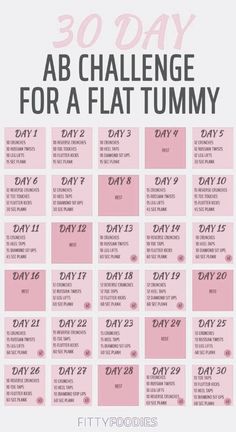 the 30 day ab challenge for a flat tummy calendar with pink and black lettering