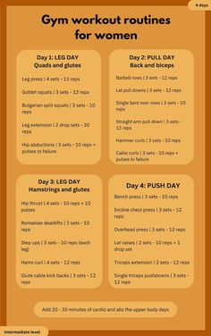 the gym workout routine for women is shown in orange and yellow colors, with instructions on how