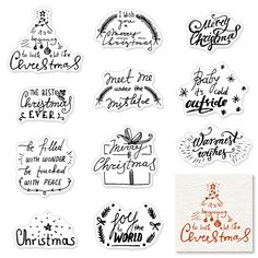 twelve christmas stickers with hand lettering