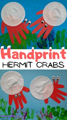 handprinted paper plate with two hands and the words, hermit crabs on it