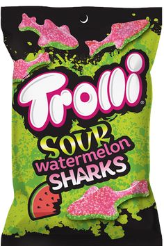 trolli sour watermelon sharks gummy candy bag on a white background with pink sprinkles