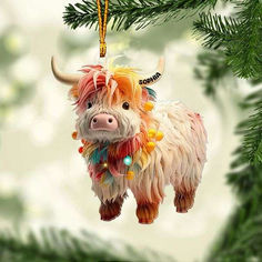 an ornament shaped like a yak hanging from a christmas tree with decorations