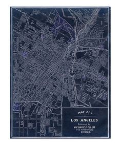 an old map of los angeles, california in blue ink with the city's streets