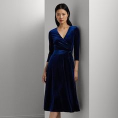 A belted waist enhances the fluid silhouette of this surplice dress which is realized in plush stretch-infused velvet for a beautiful sheen and soft hand feel. Womens Velvet Dresses, Surplice Dress, Velvet Midi Dress, Ralph Lauren Purple Label, Ralph Lauren Womens, Wimbledon, Soft Hand, Dress Romper, Velvet Dress