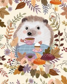 an animal with a cupcake in its mouth surrounded by flowers and leaves