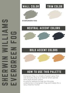 Struggling to select paint colors for your home? Take the guess work out of it with this done-for-you paint color palette.  This is a collection of beautiful paint colors is based around Sherwin Williams Evergreen Fog as a wall color.  Included are the names of paint colors, all by Sherwin Williams, for: -Wall color -Trim color -3 neutral accent colors -3 bold accent colors Additionally, you will receive 1 page cheat sheets on: -the process that we use to sample paints to be sure they are a perfect fit in our home -ideas for incorporating accent colors into your home Your files will be available to download as soon as you've completed your purchase. Please contact me with questions prior to purchase. No returns or exchanges. HOW IT WORKS Files are instant Download, available once your paym Home Color Palette Interior, Whole Home Color Palette, Beautiful Paint Colors, Color Palette Interior, Woodlawn Blue, Interior Paint Palettes, Wythe Blue, Home Color Palette, Origami White