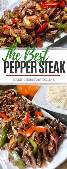 the best pepper steak is served with rice and vegetables