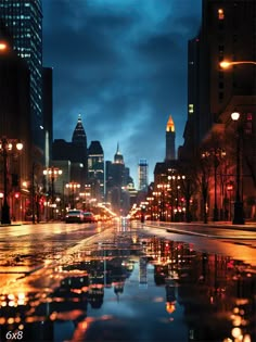 Nighttime Cityscape Photography Backdrop - A city street at night with a lit skyline and reflections on wet pavement New Your City Night, City At Night Photography, High Contrast Aesthetic, Evening City Aesthetic, Ciudades Aesthetic, City Scape Night, City Night Photography, Night City Landscape, City Lights Aesthetic