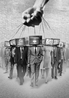 a group of people in suits and ties holding up televisions with their hands over them