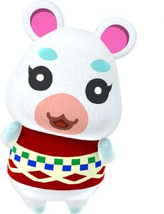 a white bear wearing a red and blue outfit with pink ears, standing in front of a white background