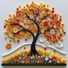 a tree made out of buttons and flowers on a white background with the words happy fall written below it