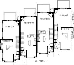 the floor plan for this four bedroom townhome is shown in black and white